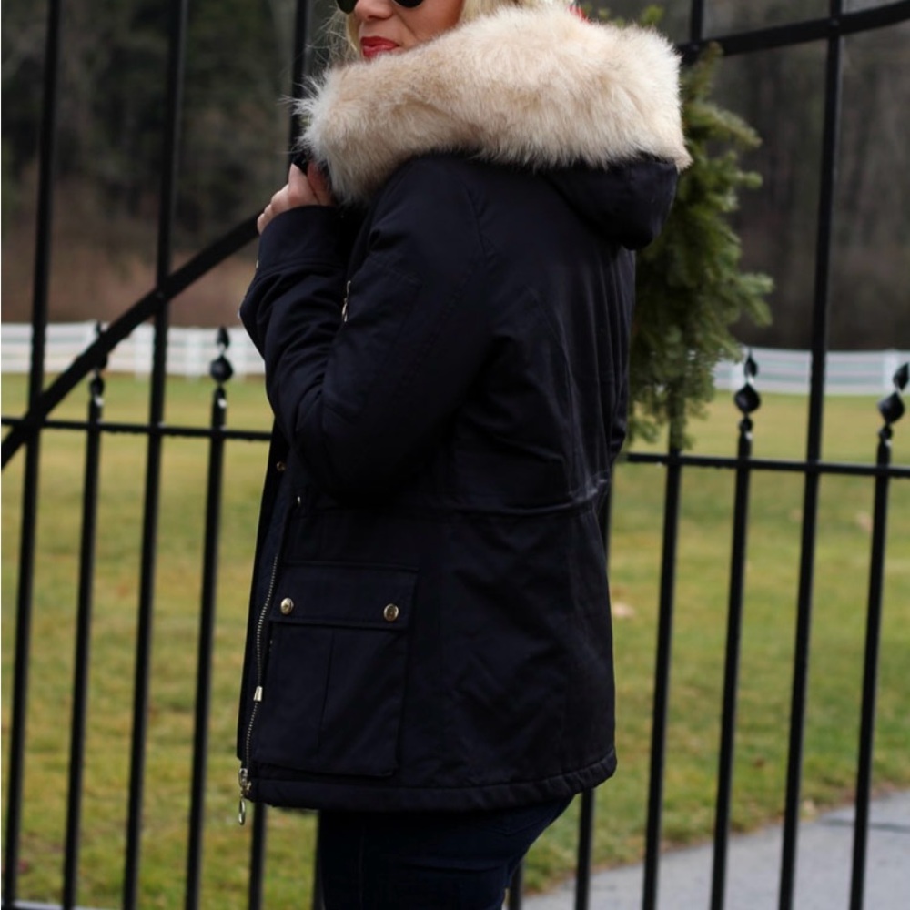 Topshop Black Jacket with Cream Fur Hood